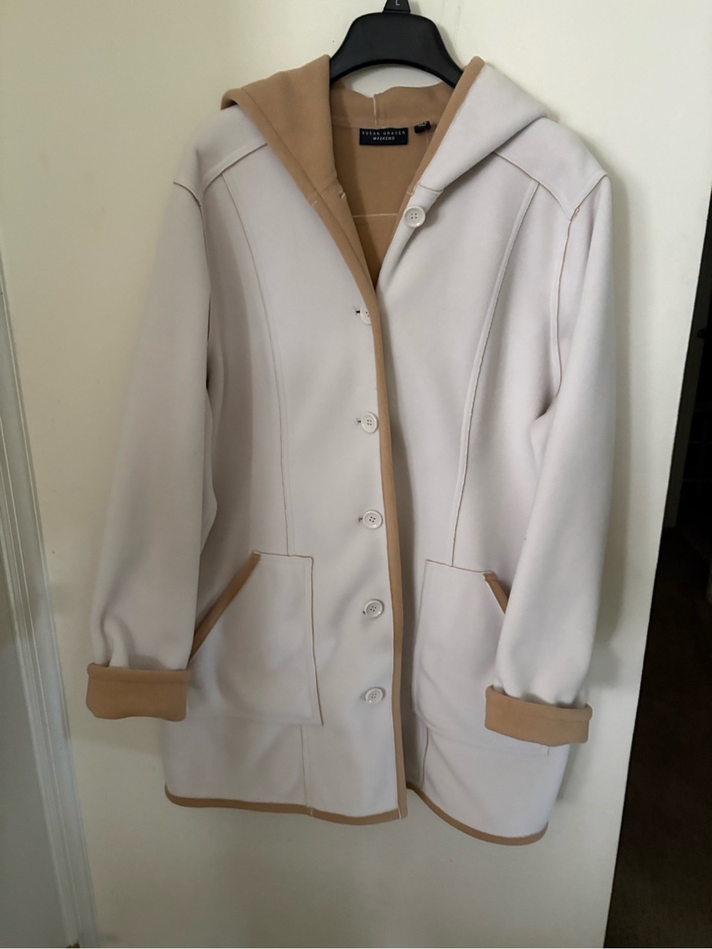 Susan GraverCream colored Coat with Camel Trim Hood and lining,